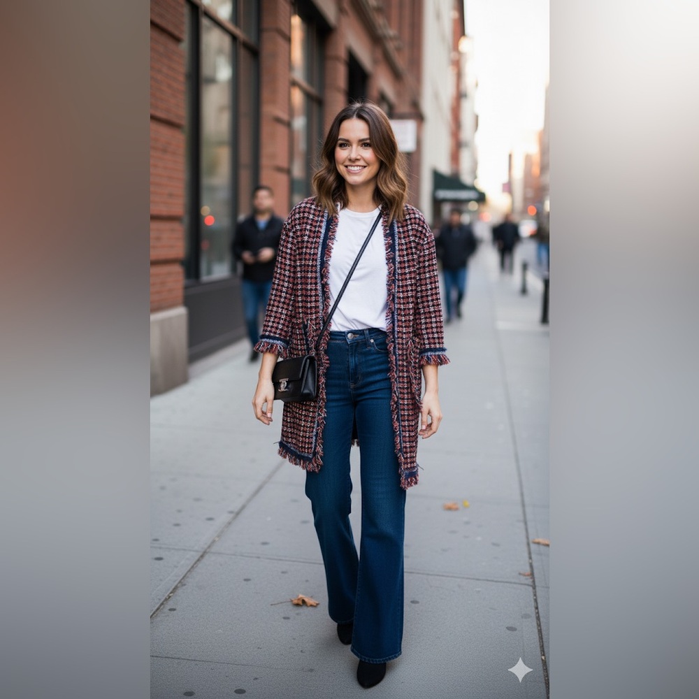 ATOP Lady Tweed Long Jacket Navy Red Gold Size Medium